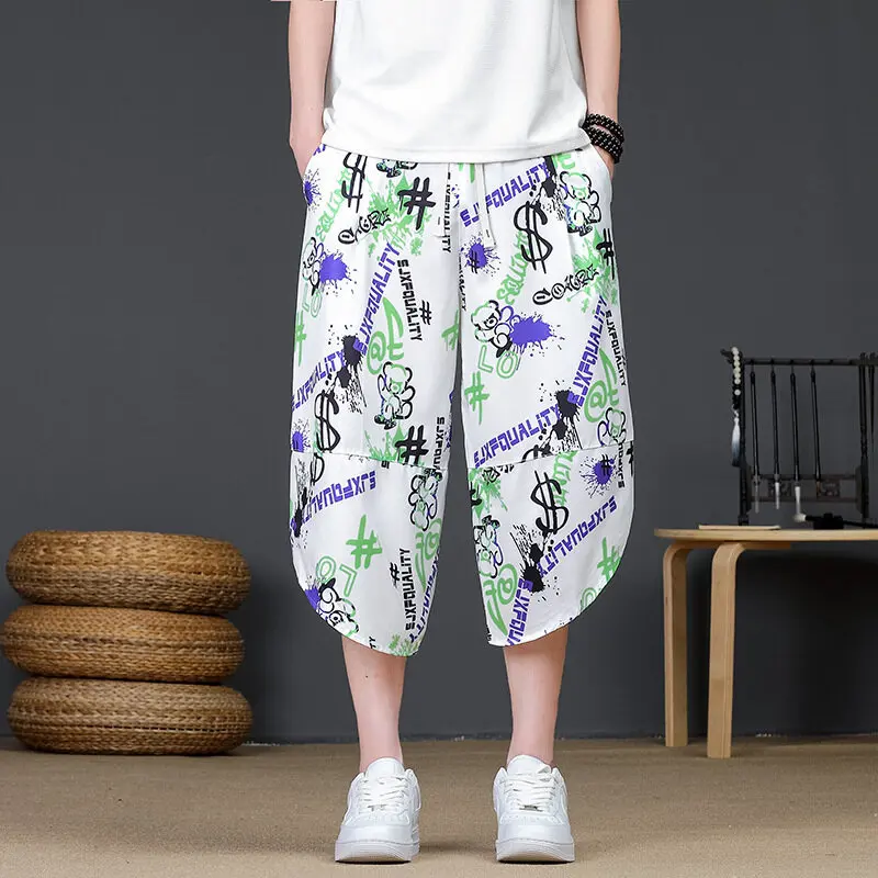 Men's Summer Beach Flower Shorts Thin Thai Radish Pants Drawstring Chinese Style Cropped Ice Silk Trendy Loose Casual Shorts