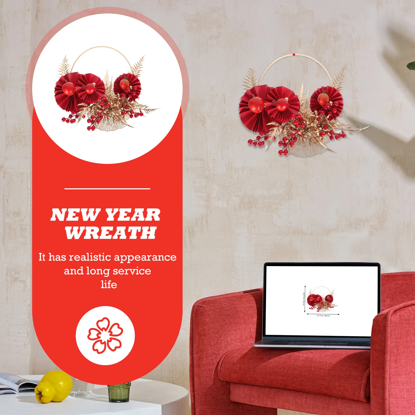 

1Pcs Simulation Decorative Garland Artificial Flower Wreath New Year Style Wall Door Hanging Decoration