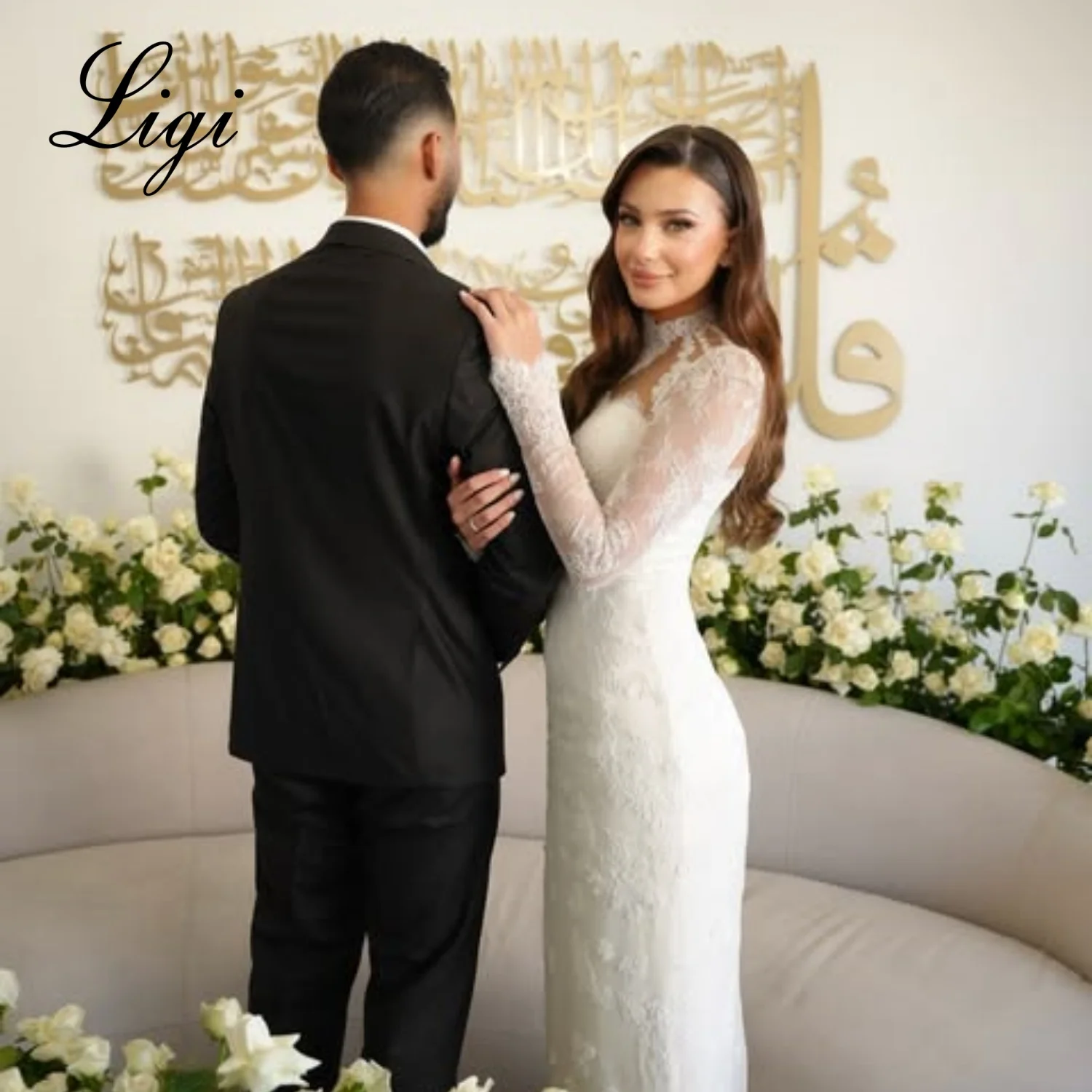 Liser Customize Ivory High Neck Long Sheer Lace Midi Dress Slim Fitted Silhouette Bridal Shower Civil Registry Engagement Party