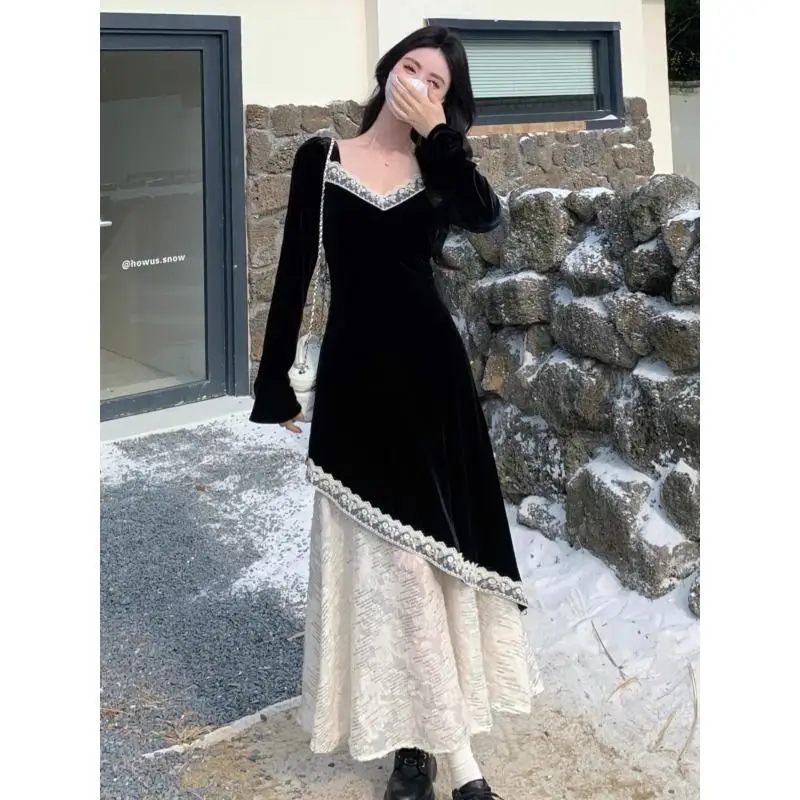 Vestido de mujer elegante y a la moda Retro con cuello en V de manga larga vestido de encaje de terciopelo negro nuevo vestido versátil elegante