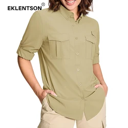 EKLENTSON Sun Protection Fishing Shirt Women's Long Sleeve Button Down Shirts Quick Dry Cooling Hiking Safari Tops