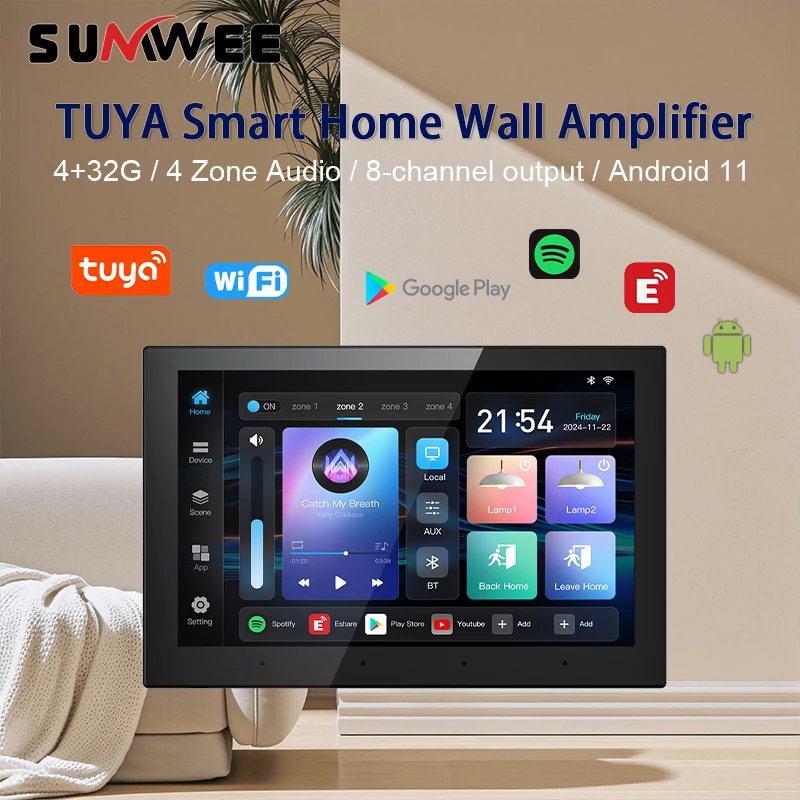 Smart 4zone Audio System Home Theater Sound Wall Amplifier Android11 WIFI Bluetooth music player TUYA touth screen control panel