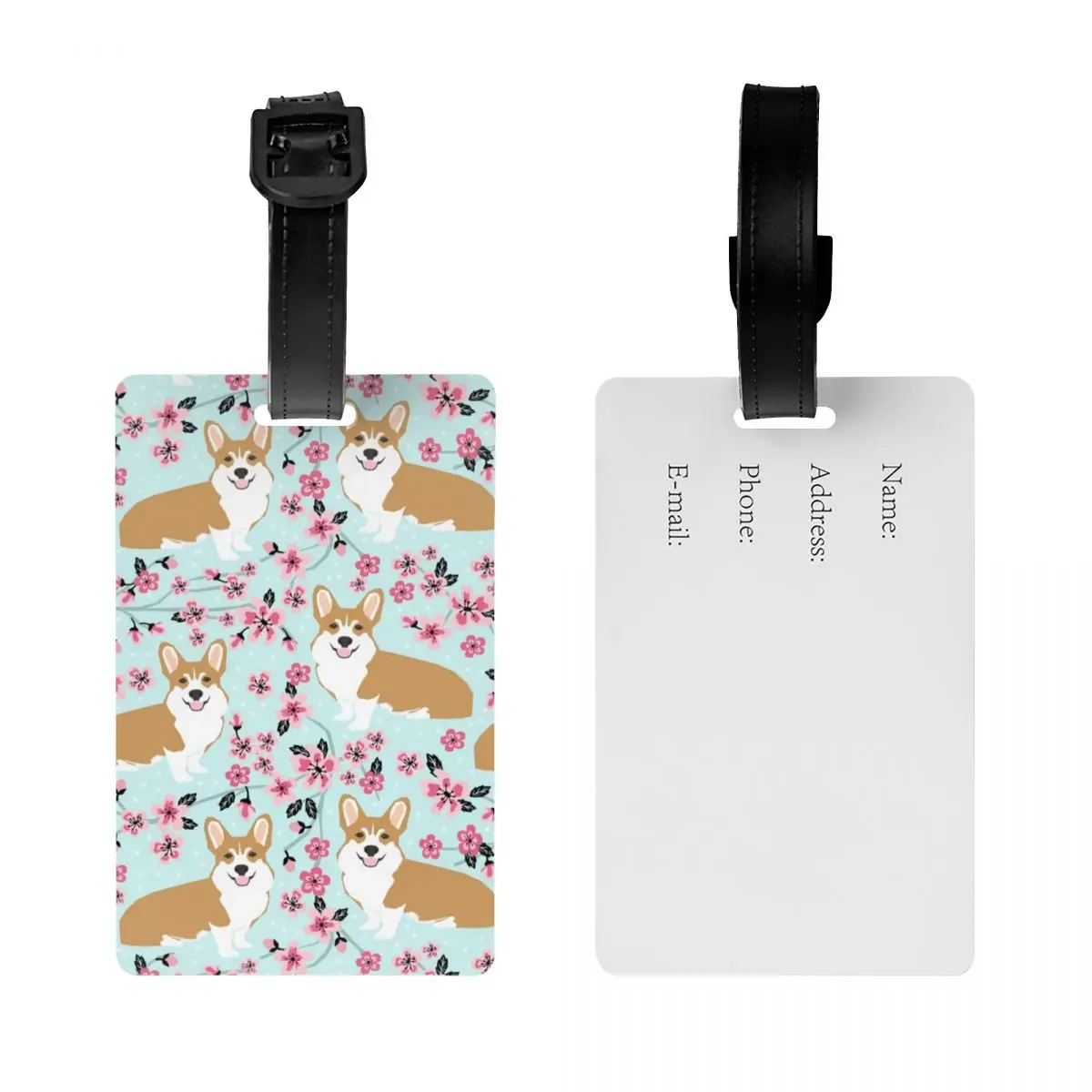 Etichetta per bagagli per cani floreale Corgi Cherry Blossom personalizzata Protezione per la privacy Etichette per bagagli Etichette per borse da viaggio Valigia