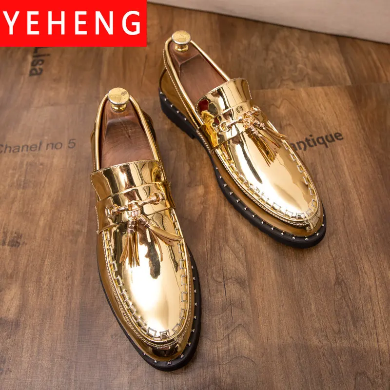 Men's Dress Shoes Gold Glitter Brand Formal Shoes Italian Leather Luxury Fashion Wedding Brogue Shoes Men Oxford Big Size 38- 46