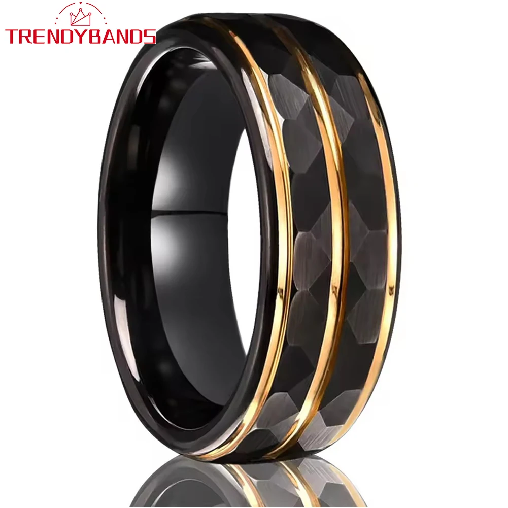 

8mm Tungsten Carbide Hammered Wedding Band Men's Women's Ring Stepped Edges Black Fashion Engagement Jewelry