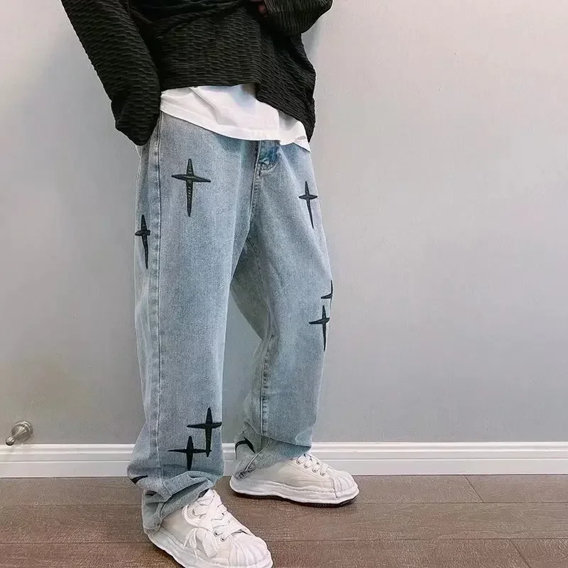 Vibe Style Cross Embroidery Retro Washed Men Baggy Jeans Trousers Hip Hop Distressed Vintage Denim Pants Pantalons Capris