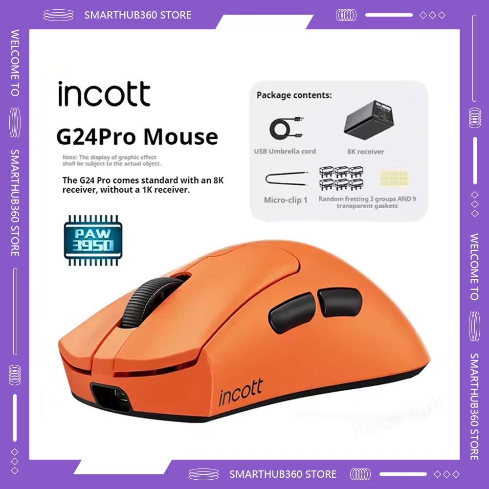 Incott G24Pro Paw3395 Sensor Low Latency Wireless Mouse Dual Mode Hot Swap Ergonomics Lightweight Gaming Mice Gaming Accessories