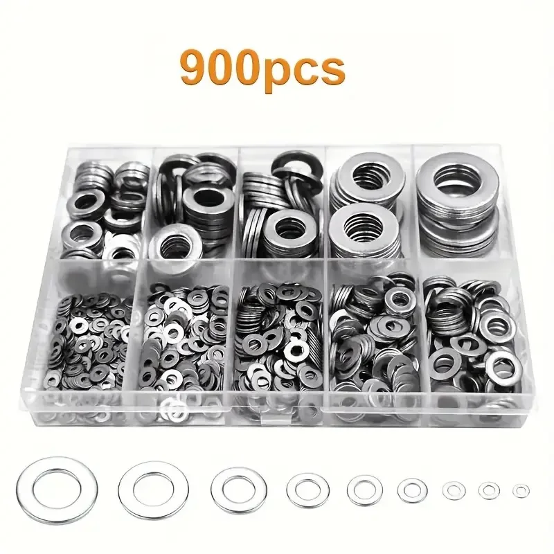 

900pcs Stainless Steel Flat Washer Plain Gaskets Metal Washers Snap Rings Plain Gasket Fasteners Assortment Kits M2-M12
