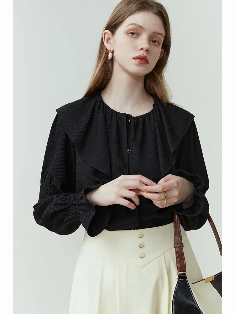 

FSLE Vintage Black Textured Shirt for Female Spring New Style Ruffled Round Neck Designed Cuffed Sleeves Shirt Top for Women