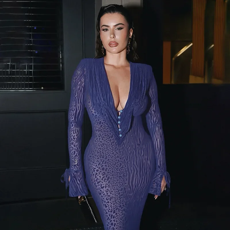Chaxiaoa Printed Blue Sexy Maxi Dresses Women Gown 2025 Autumn Winter New Deep V Long Flare Sleeves Sheer Party Evening Dress