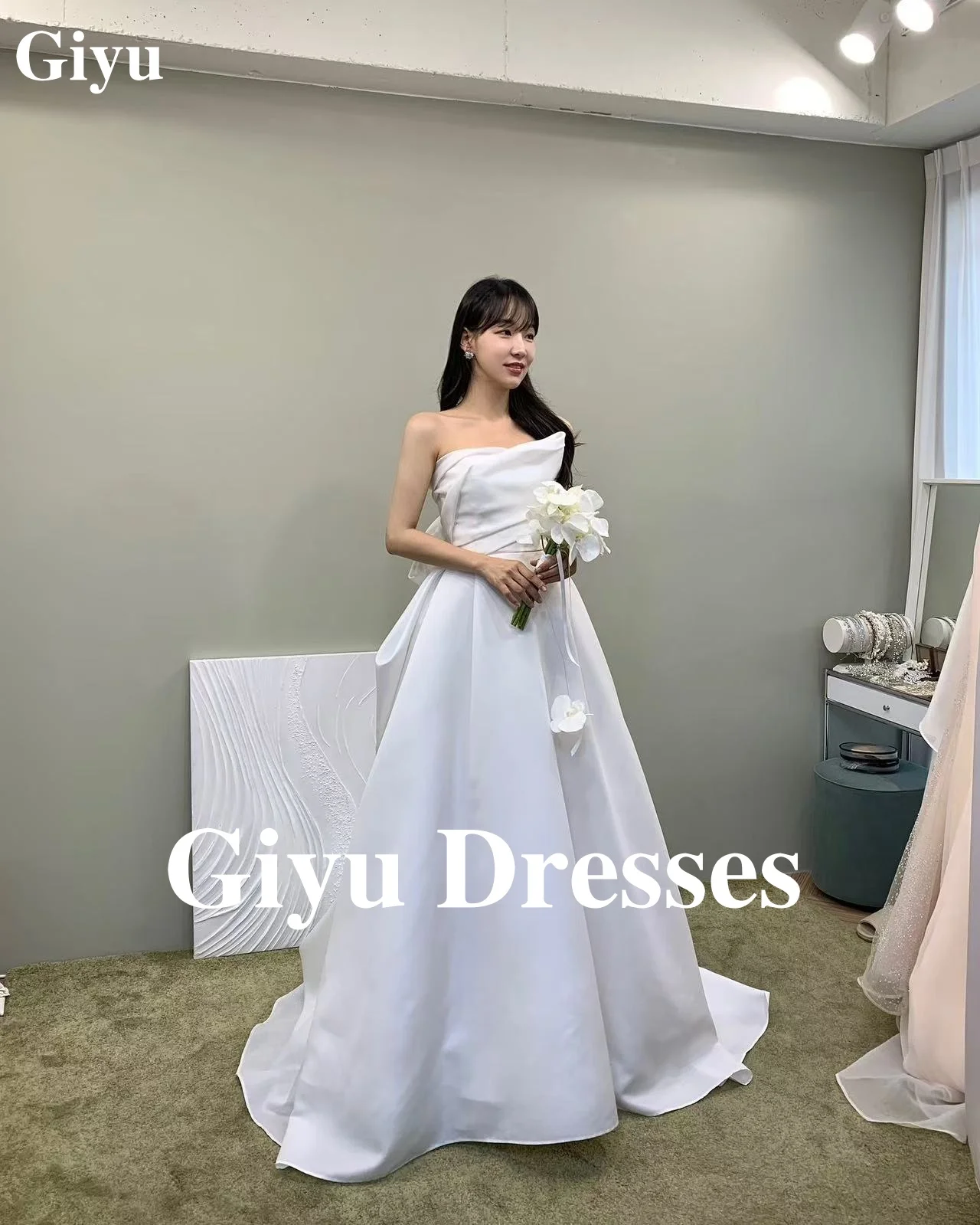 Giyu White Satin Wedding Dresses Off The Shoulder Strap Bow Sweep Train Bridal Gowns Korean Women's Formal Evening Gowns