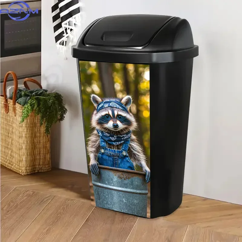 Trash Can Sticker, .01*81.99 cm, Raccoon in Bandana And Denim Overalls Leaning on Metal Barrel Pattern, Fun Animal-Themed Cr