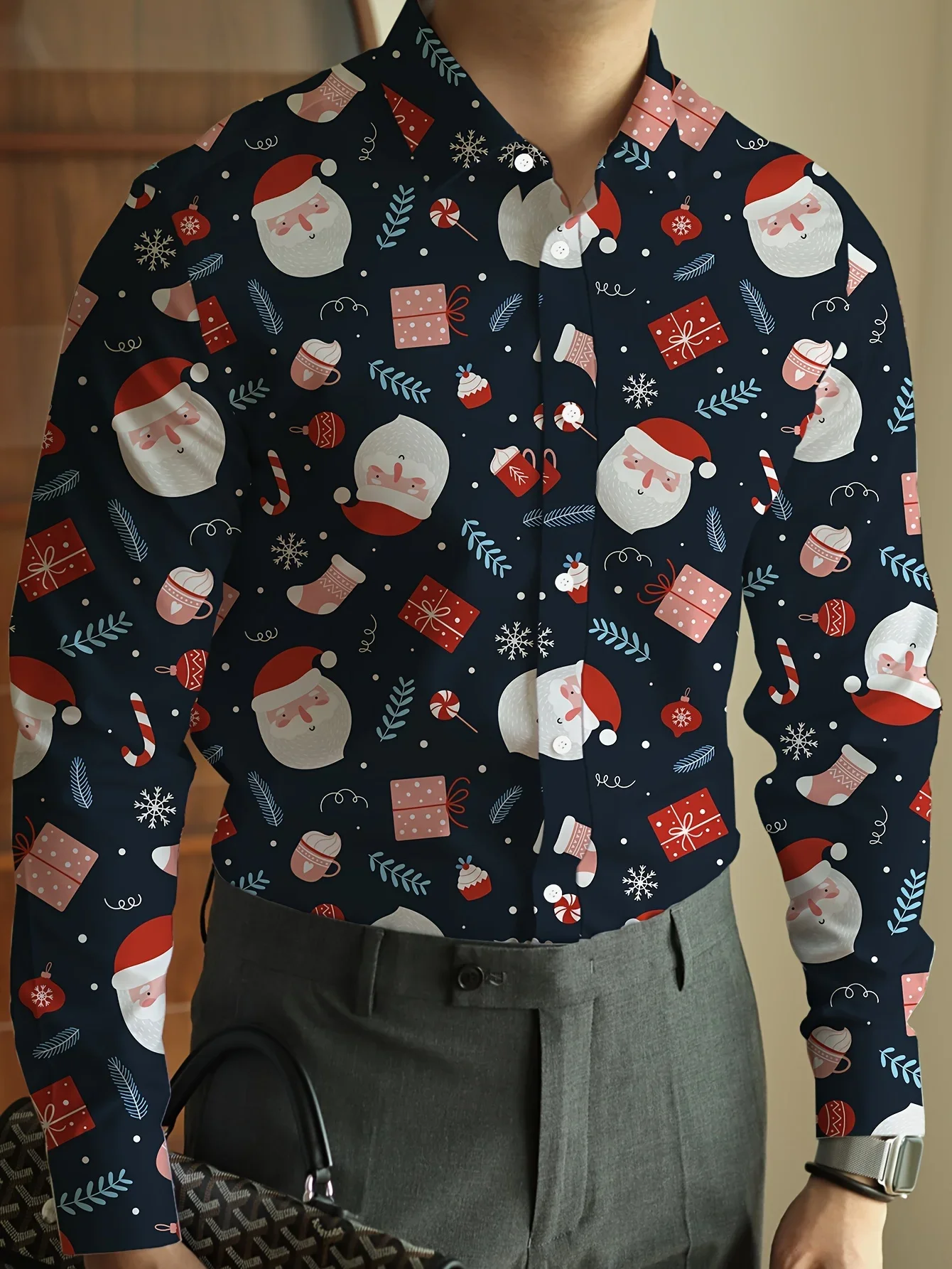 2025 Men's Christmas Gift Snowflake Christmas Tree Pattern Shirt 3D Print Santa Claus Fun Outfit Holiday Party Dress Red Holiday