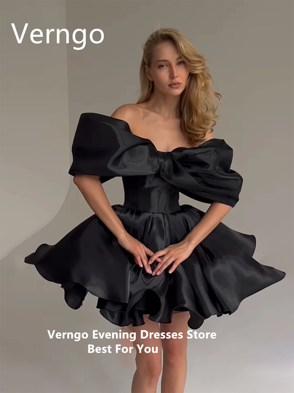 Verngo Black Organza Mini Party Dress For Women Off The Shoulder Short Ball Gowns Simple Princess Formal Dresses