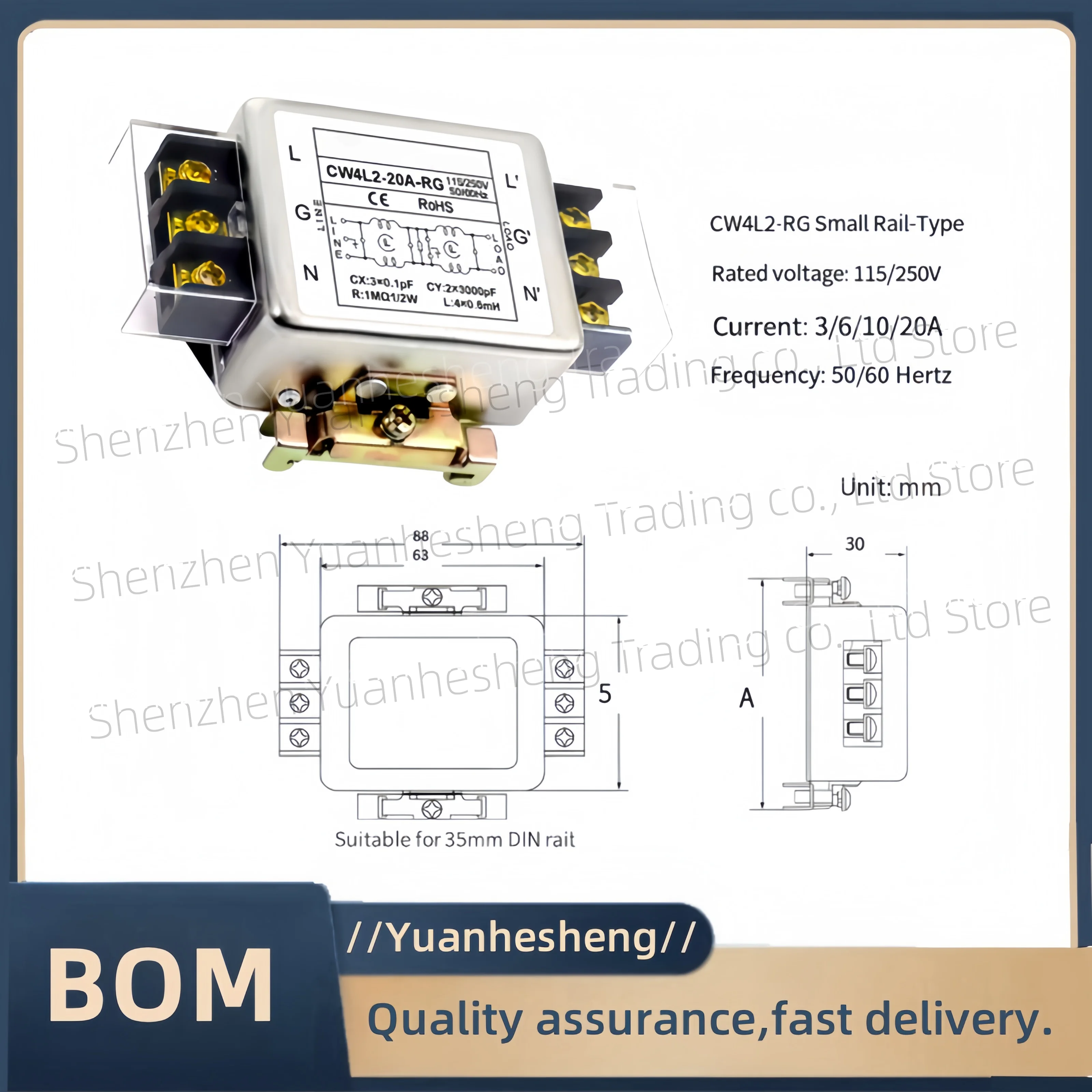 العلامة التجارية الجديدة والأصلية تصفية CW4L2-3A/6A/10/20/30A-RG التيار المتناوب 220 فولت مرحلة واحدة تنقية التدخل CW4L2-10A-RG