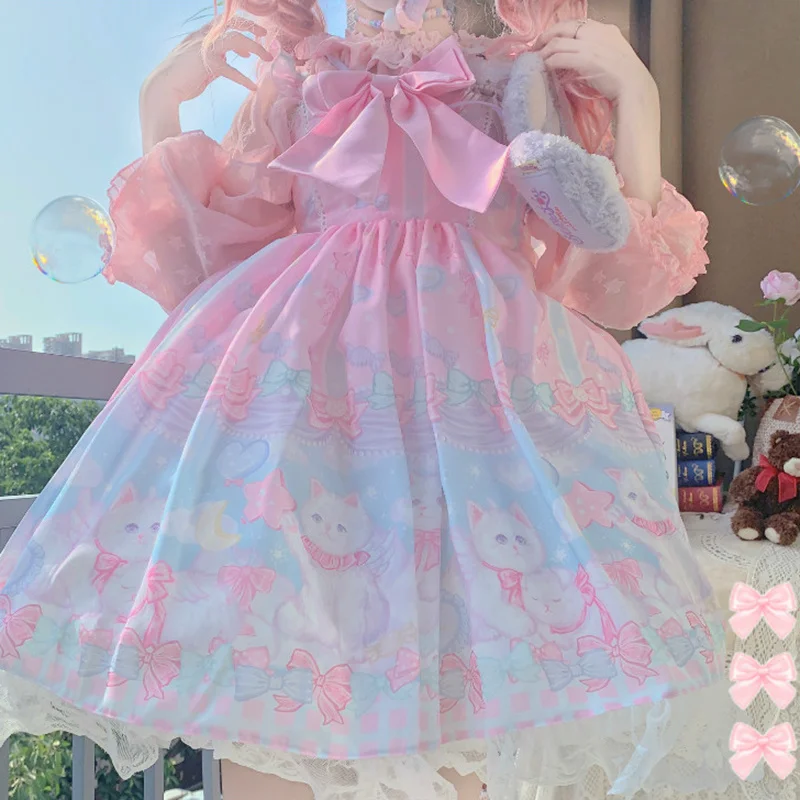 Japanese Sweet Kawaii Jsk Lolita Dress Victorian Vintage Women Sleeveless Bowknot Princess Party Dresses Dream Cat Print Girls