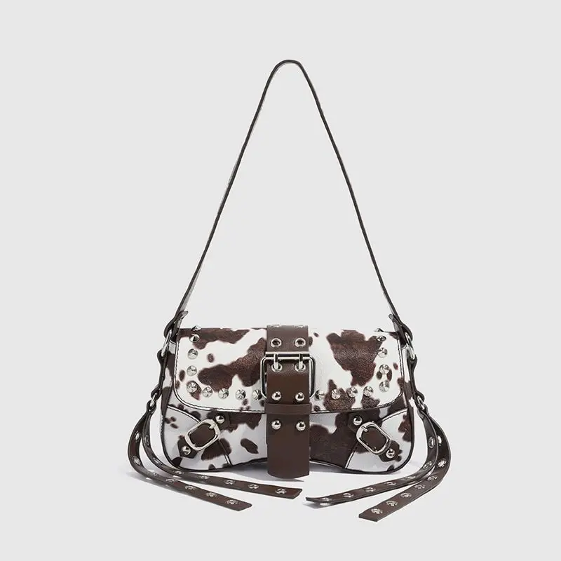 New Niche Design Y2k Spice Girl Locomotive Bag Cow Armpit Bag Rivet Shoulder Handbag Retro Women's Bag  Temperament Commuting
