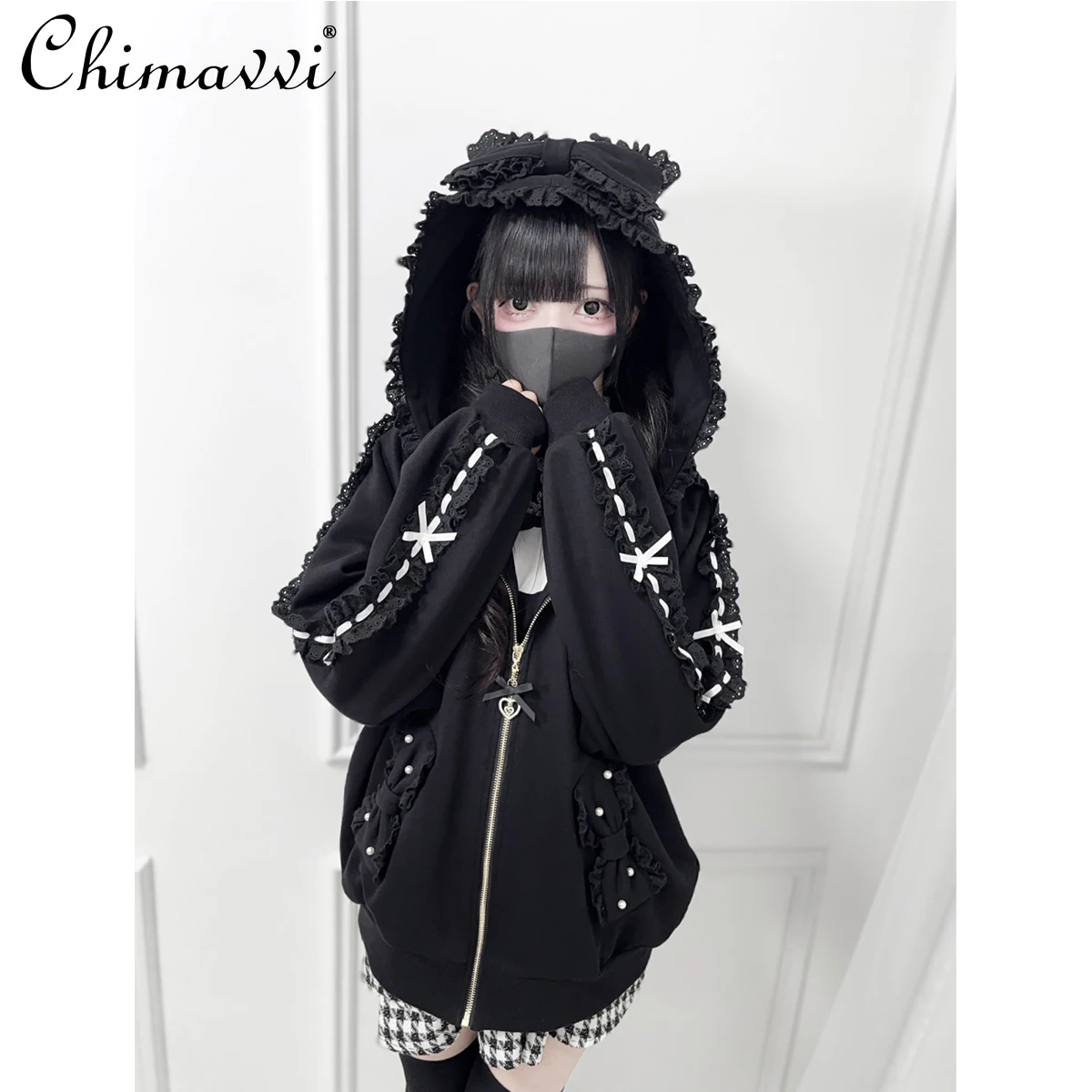 

Japanese Mass-Produced Sweet Bow Lace Decoration Long Sleeve Hooded Jacket Autumn Winter New Cute Girl Loose Lolita Sweatshirt