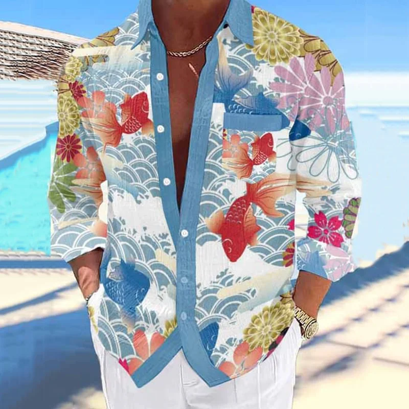 2024 Casual Fashion Men's Shirt Hawaiian Ethnic Style Auspicious Koi Picture Bamboo Fiber Cotton Pocket Button Shirt Long Sleeve