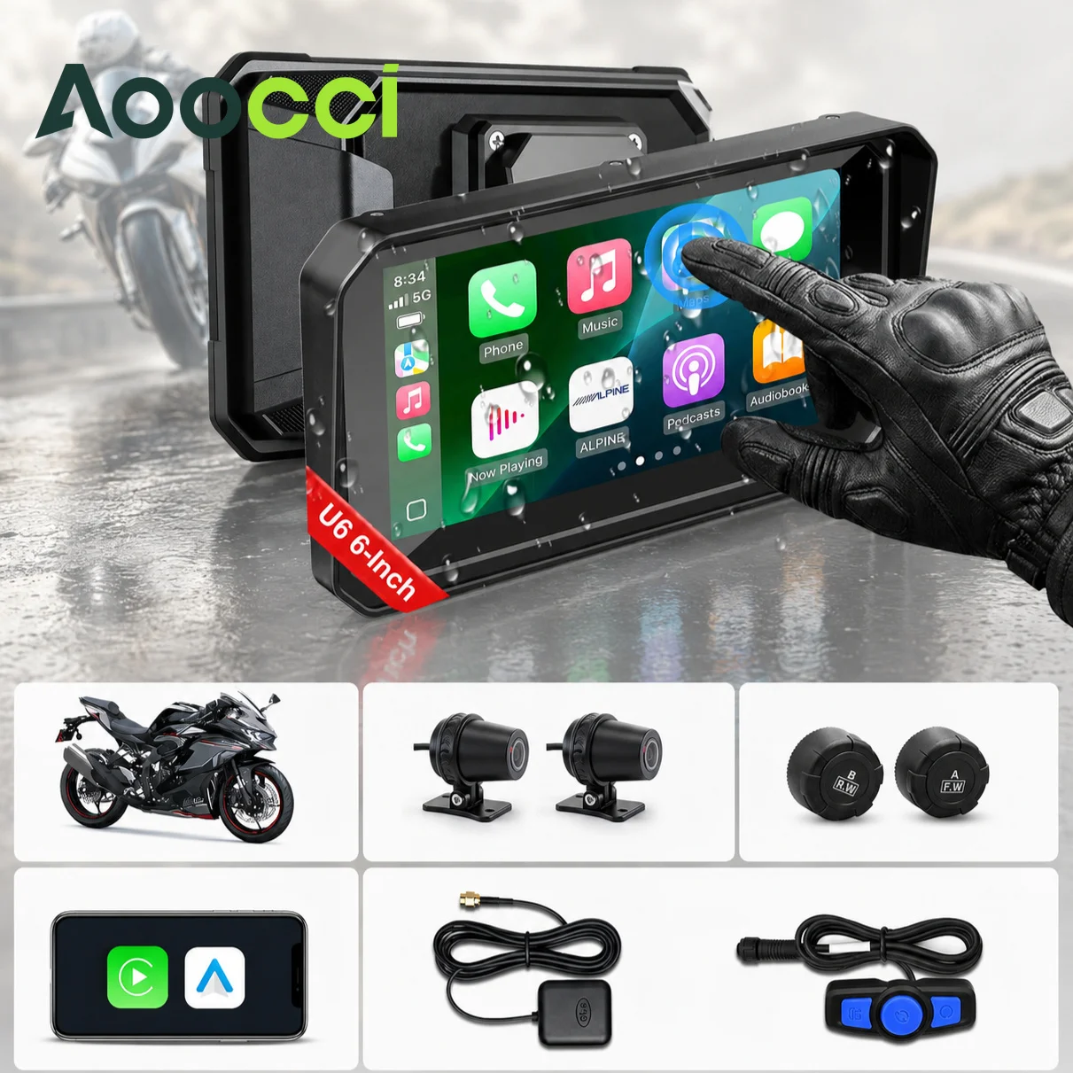Aoocci U6/U7 Motorcycle CarPlay 6/7inch HD CarPlay & Android Auto Smart Display WIFI Bluetooth 5.0 Offline Maps Safety Monitor