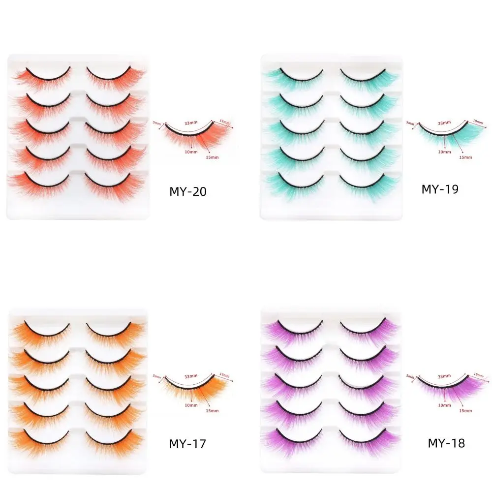 

5 Pairs Colorful False Lashes Eye Tail Lengthening Curled Cat Eye Eyelashes Reusable Thick Fluffy Lashes 3D Colored Lashes