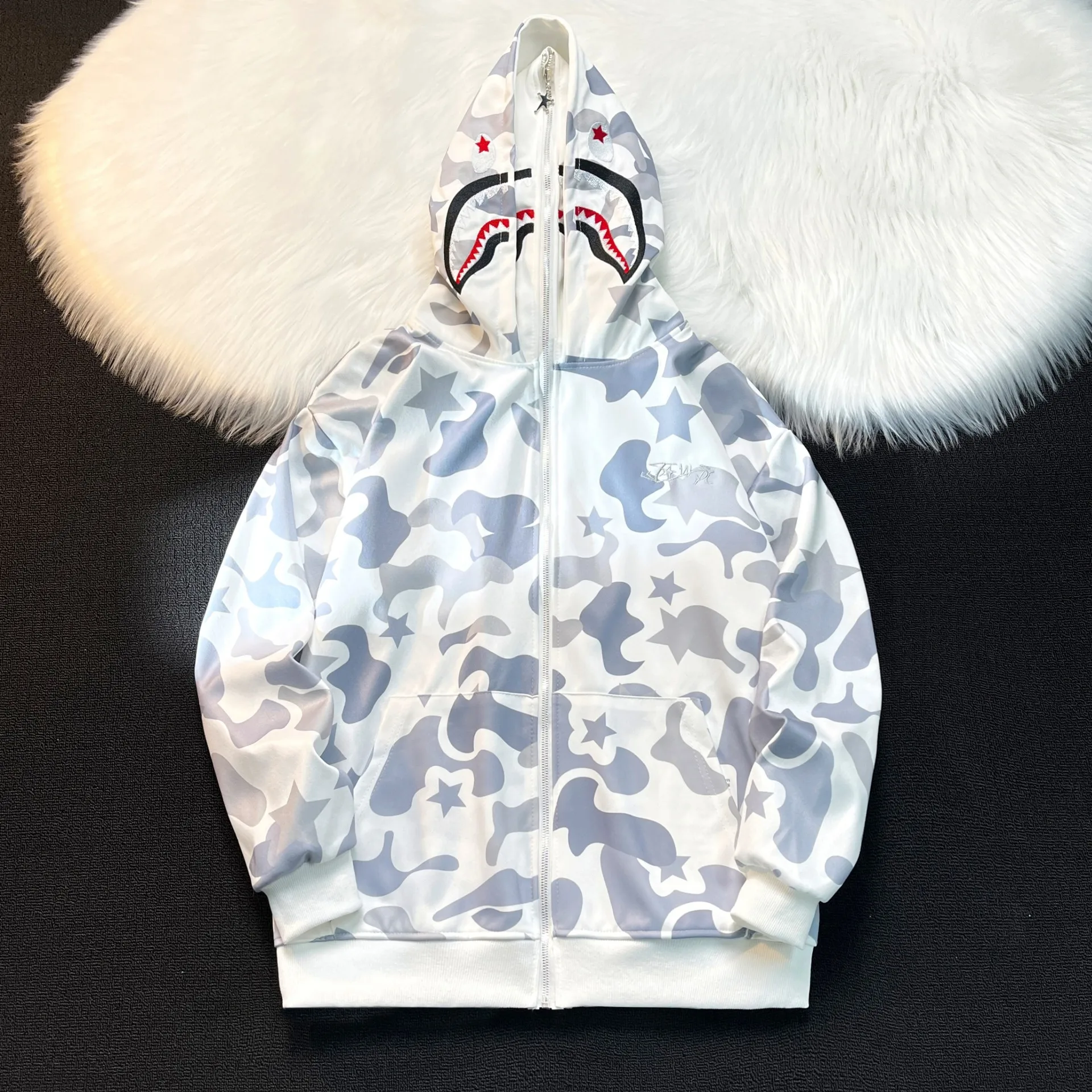 للجنسين سترة رأس القرش ربيع الخريف عادية فضفاضة تناسب مقنعين كامو التطريز كم طويل ألياف البوليستر الشباب النمط الشعبي #5