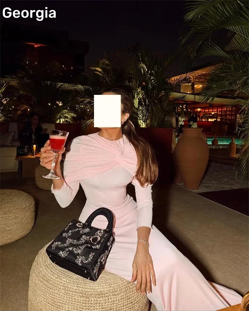 A-Line Customized Scoop Neckline Floor-Length Luxury Evening Dresses Ruffle Zipper Up Wedding Party Dress Long Sleeves Vestidos