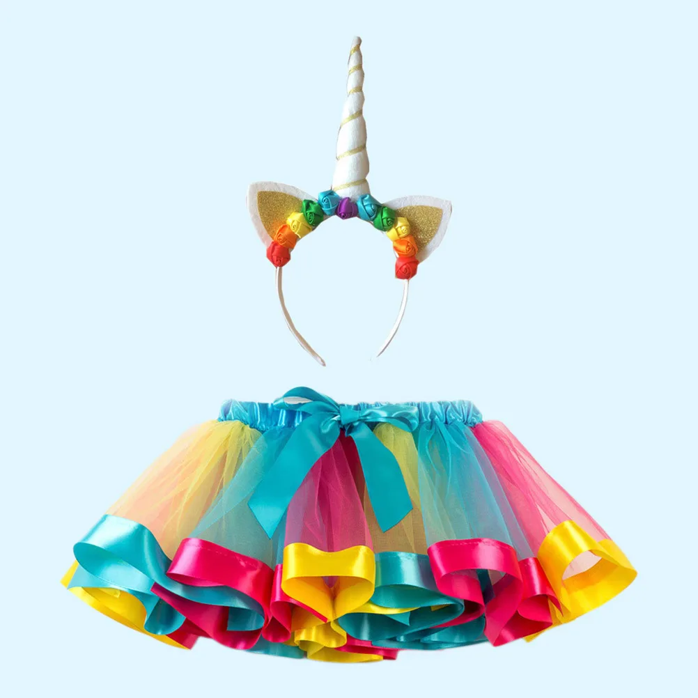 Kinder-Regenbogen-Einhorn-Tutu-Rock-Set, himmelblau, gestufte Rüschen, elastische Taille, Schleife, Band, perfekt für Karneval, Ballett, Party, Tanz