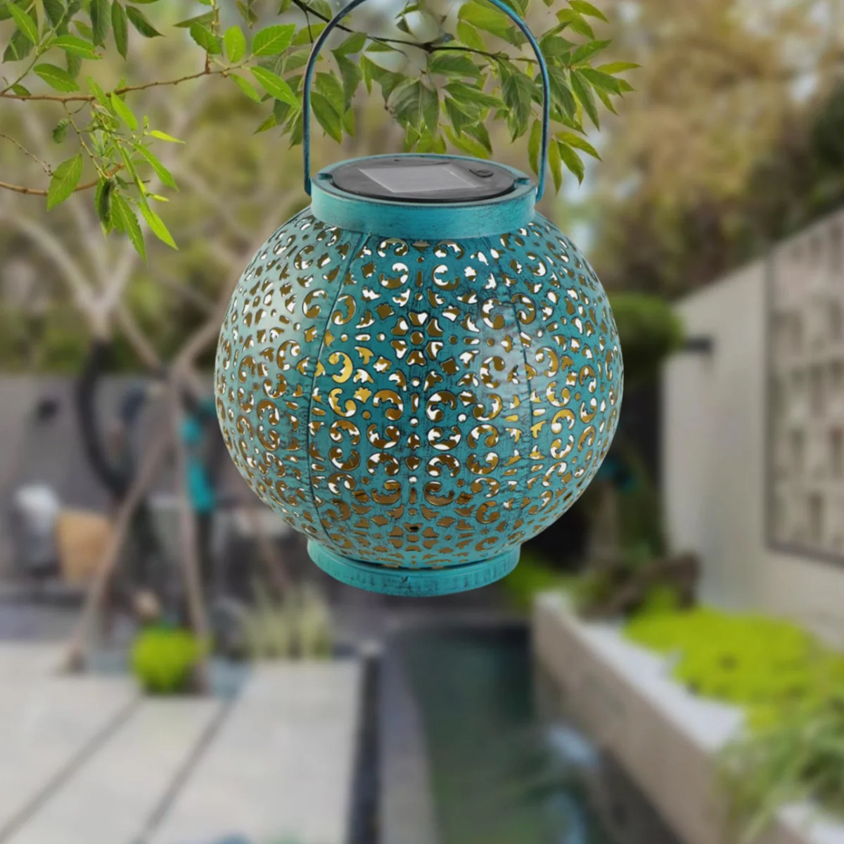 Solar Hanging Lantern Outdoor Lights, Solar Garden Lights Decorative Hanging Light, Outdoor Garden Solar Hanging Hollow Blue Lantern, for Patio Porch Garden Pathway Table Home Decor view 6