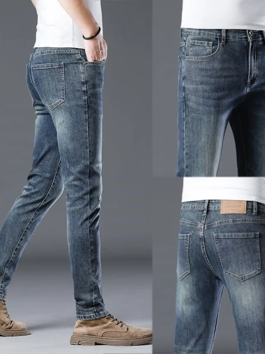 

Spring Season Slim Fit Men's Jeans Casual Elastic Korean Style Fashionable Long Pants Versatile Comfortable mid Waist Zipper