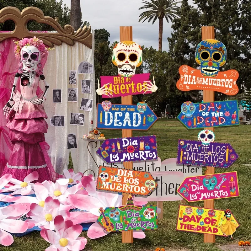 Dia De Los Muertos Skull Yard Direction Signs Day of The Dead Mexican Festival Lawn Garden Party Photo Booth Props Decor