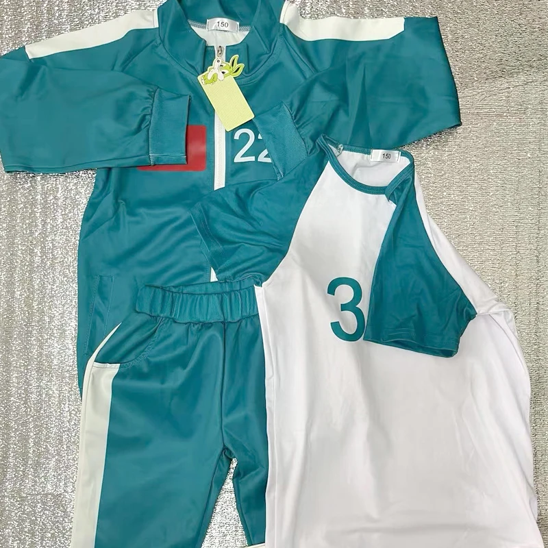 

Детский костюм Игра в кальмара 456 спортивный костюм для мальчиков и девочек, зелёная спортивная толстовка, костюм для косплея на Хэллоуин, карнавал, вечеринка, куртка, футболка, штаны, комплект