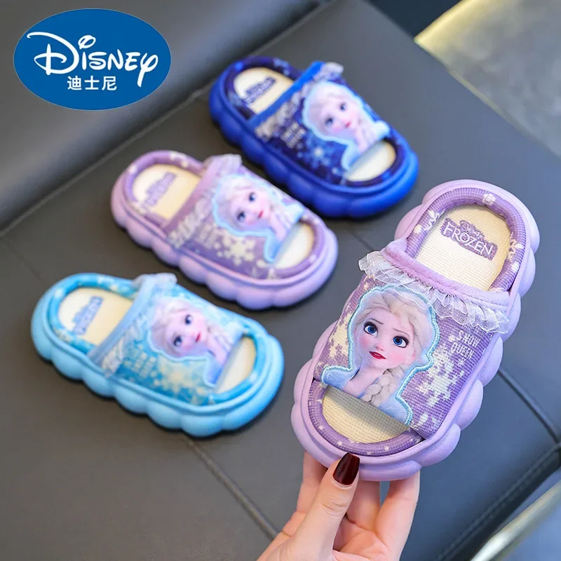 Nuove pantofole di lino per bambini Disney neonate Cartoon Princess Frozen Elsa Kids Indoor antiscivolo Beach infradito scarpe 24-36