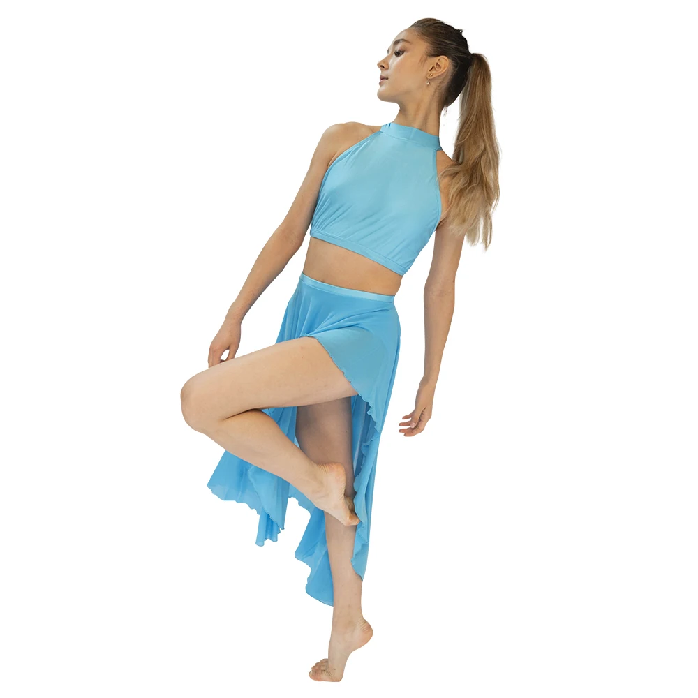 River Blue Nylonlycra Sleeveless Dance Crop Top Mesh Long Skirts Performance Dancewear Sets 13 Colors Children Adult Sizes