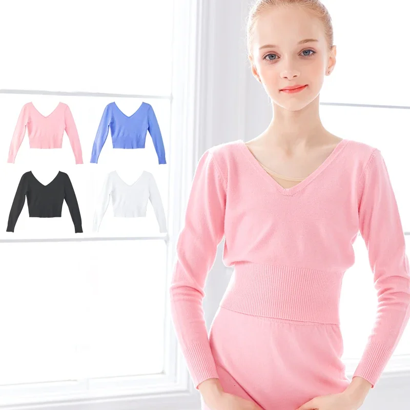 Autumn Winter Wrap Ballet Sweater Cardigans for Girls Kids Soft Knitted Dance Leotards V-neck Warm Ballet Coats