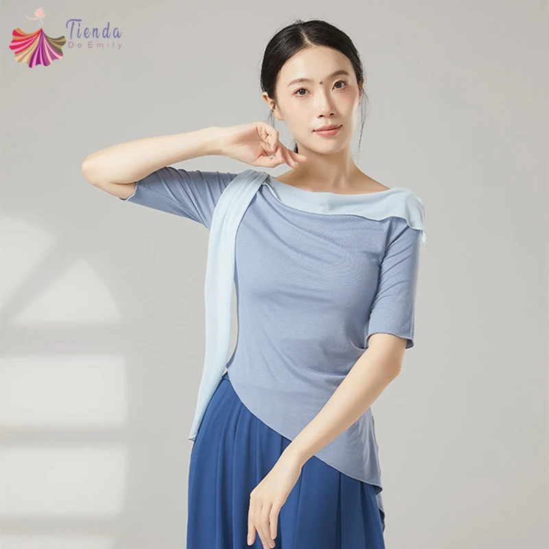 top-de-danca-moderna-feminino-manga-media-barco-pescoco-camisa-fina-roupas-de-treinamento-emendado-malha-palco-linha-trajes-elegante-blusa-diaria