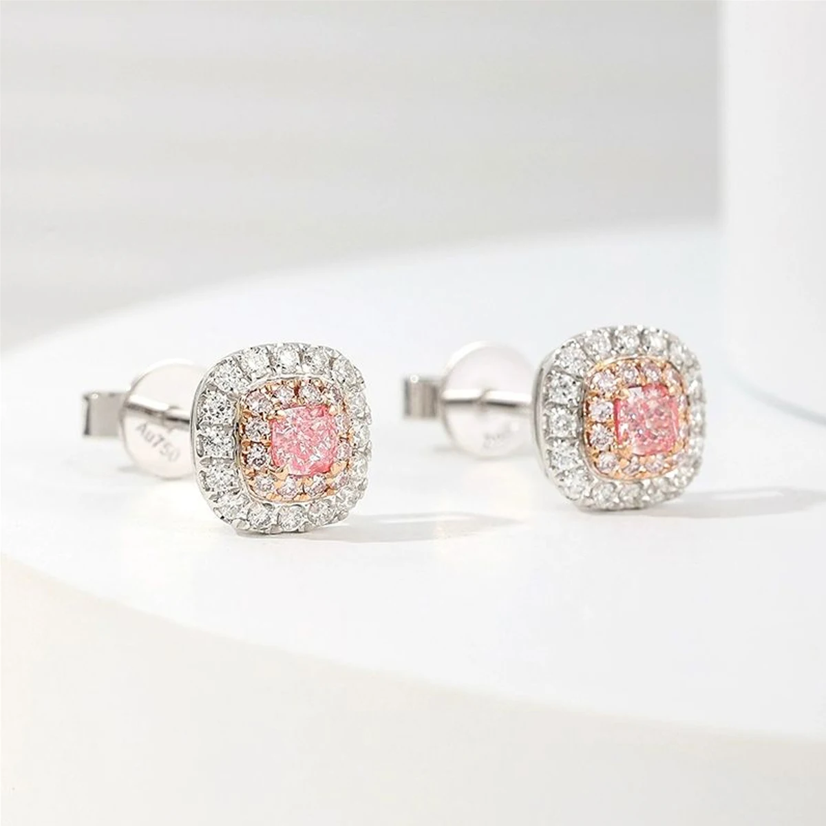 Square Halo Pink Cushion Cut Diamond Stud Earrings Fancy Cushion Cut Pink CVD Lab Grown Diamond Earrings Wedding Party Jewelry