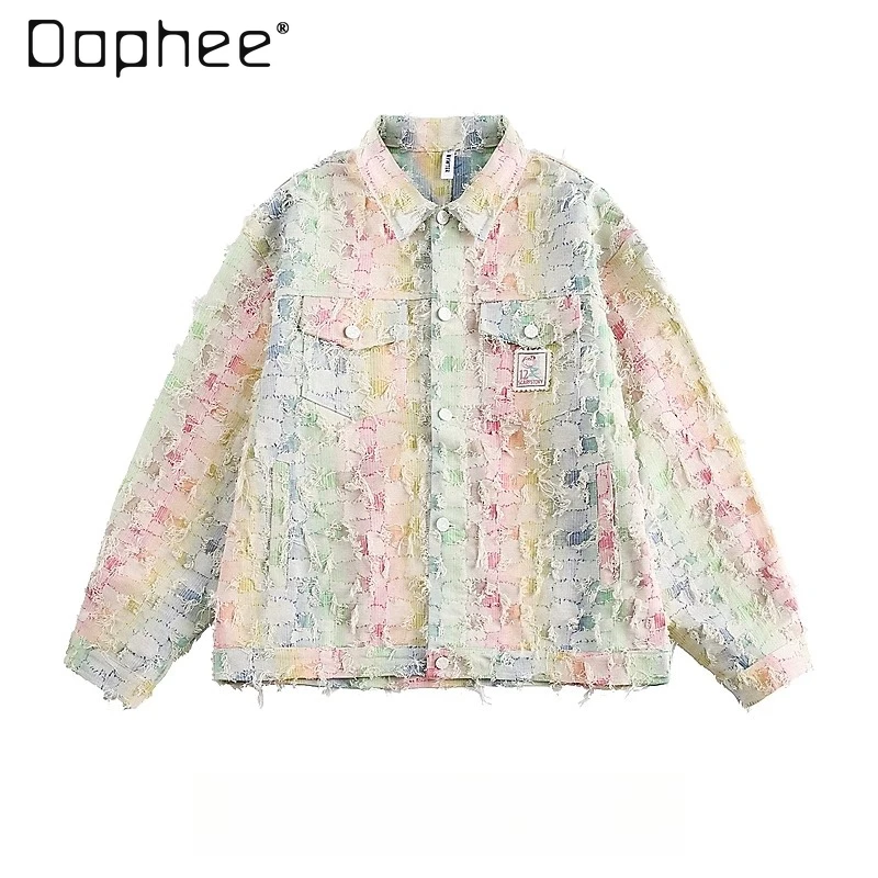 

Весна и осень 2024, новая куртка в американском стиле с потертым воротником для мужчин и женщин, повседневное свободное универсальное пальто с градиентом