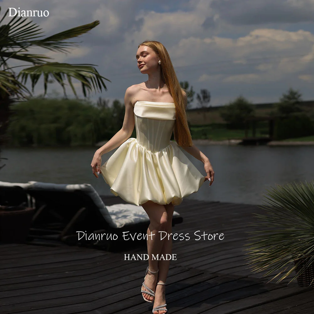 

Dianruo Satin Ruched Bodice Birthday Dresses Strapless Mini A Line Pleated Vestidos Elegantes Fluffy Chic Party Gowns Customized