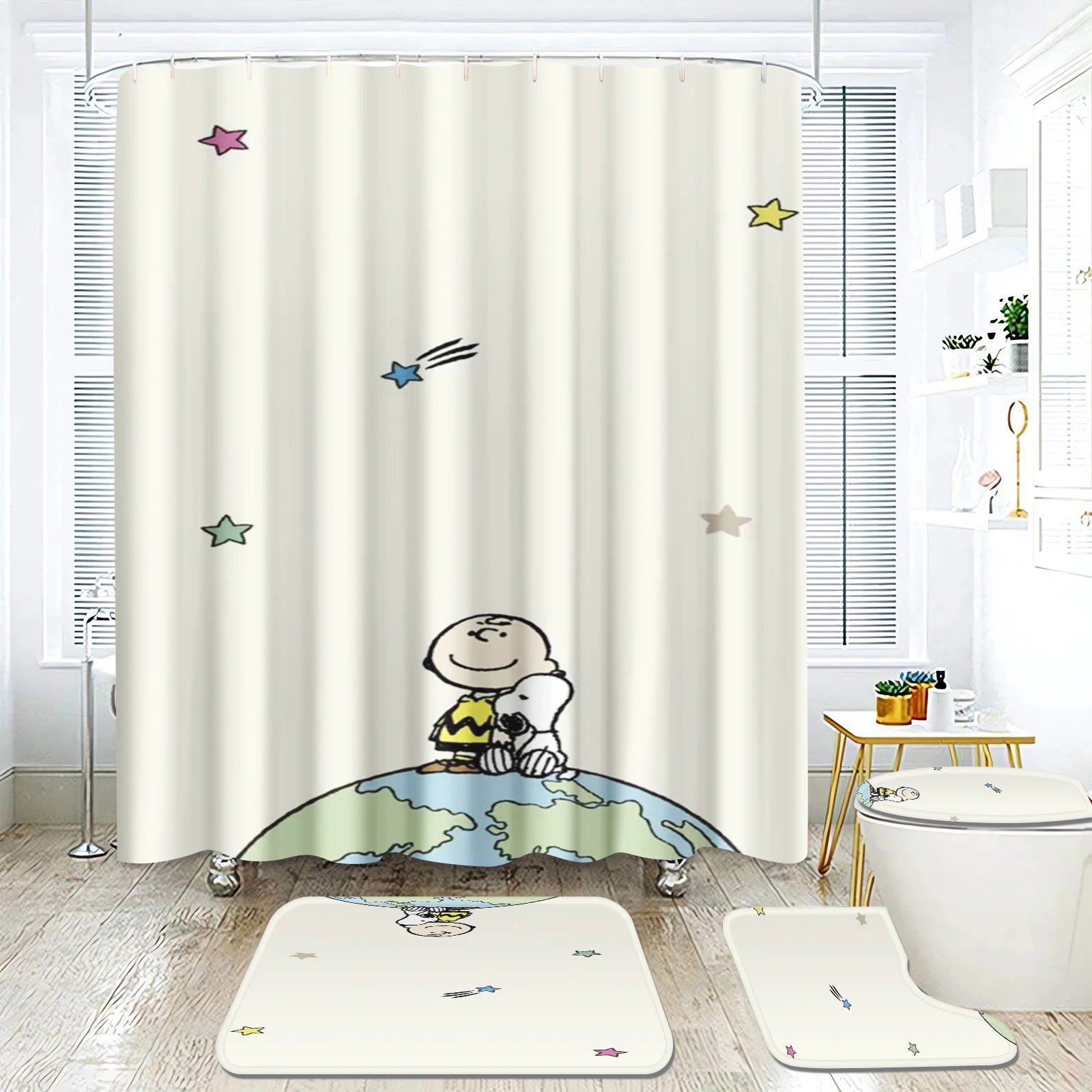 Snoopy Shower Curtain Bath Mats, Various Sizes, Kawaii Bathroom Cartoon, Great Gift for Kids, 100% Polyester, 4 Piece Set