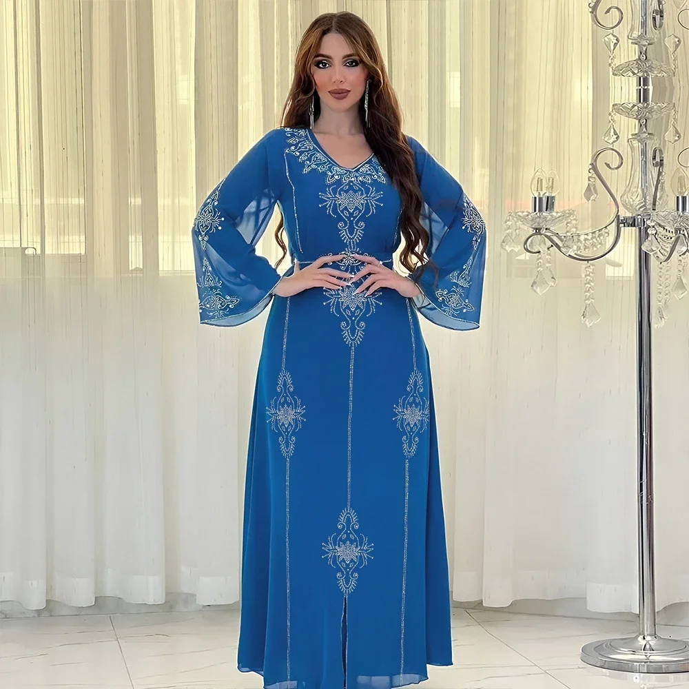 ผู้หญิงมุสลิมชีฟองเพชรชุด Eid Mubarak ดูไบ Abaya ตุรกี Kaftan อิสลาม Jalabiya Saudi อาหรับ Robe Ramadan ชุด