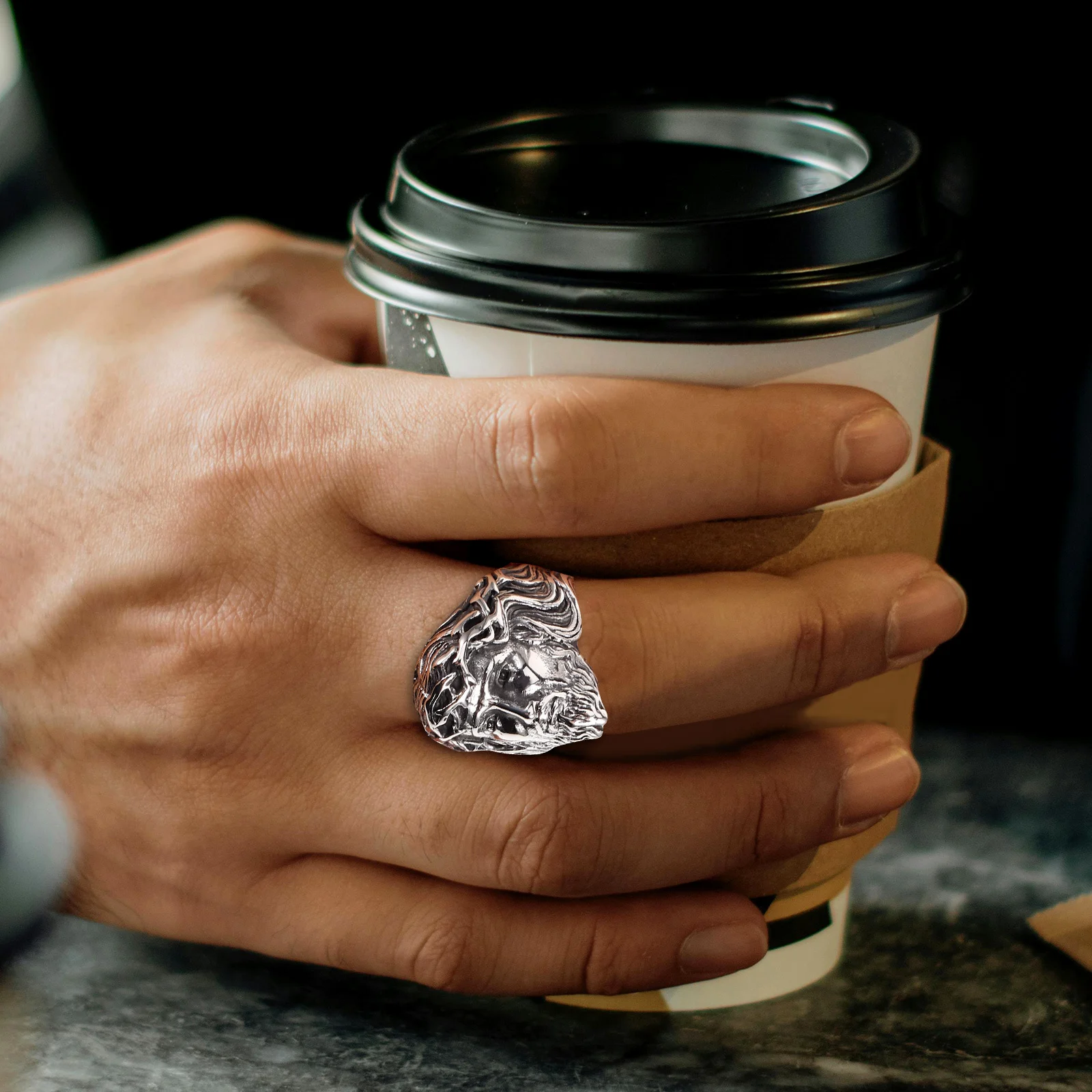 

Stainless Steel Men Ring Carved Jesus Retro Design For Party Costume Daily Wear Fashionable Finger Ring