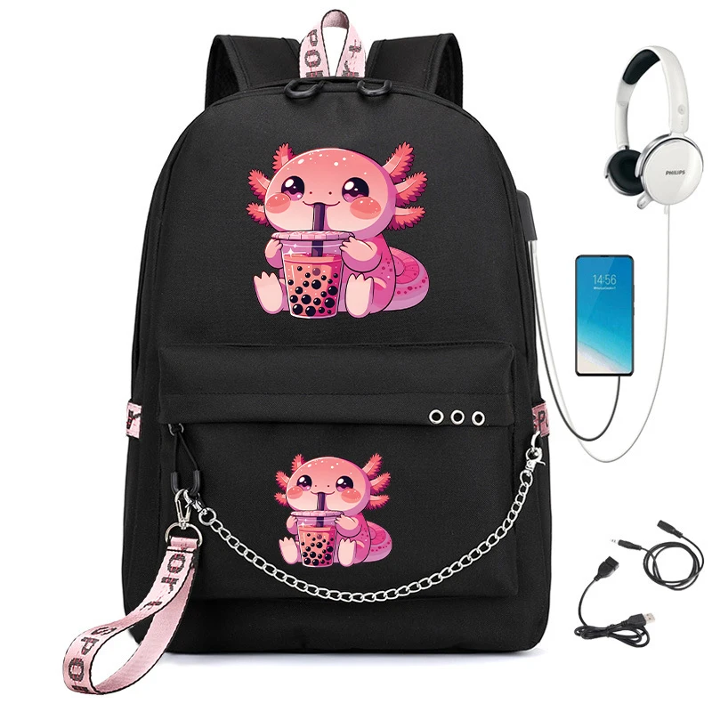 Mochila escolar Boba Kitten Kawaii Axolotl Bubble Tea Boba Axolotl, mochila de dibujos animados, bolsas de regreso a la escuela, bolsa de libros de carga Usb