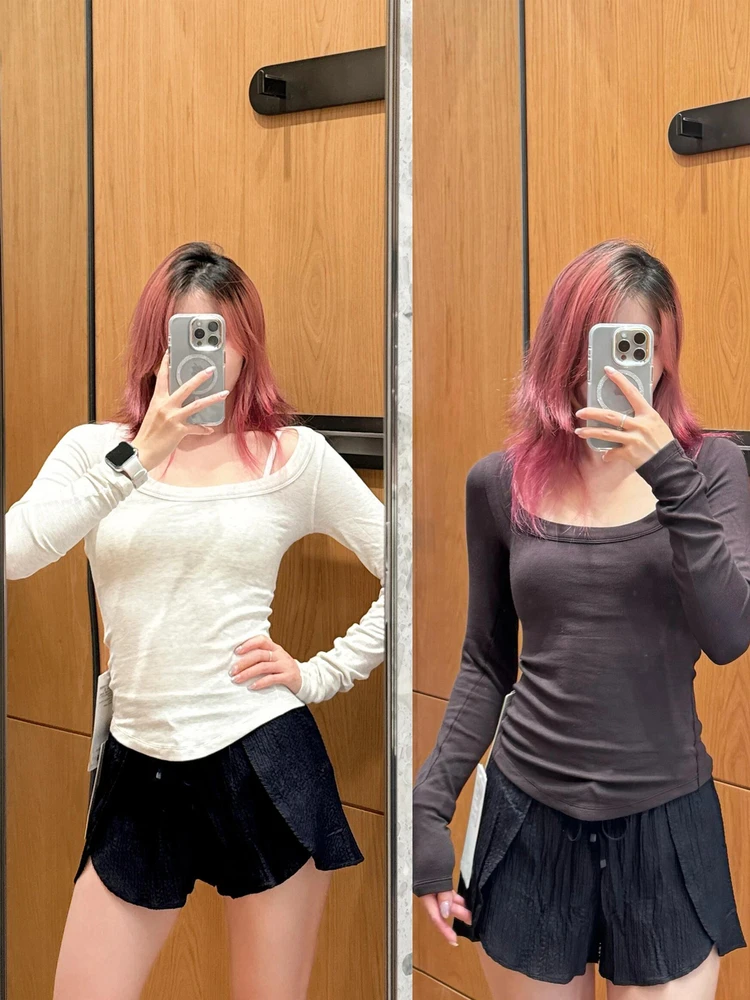 

Новая женская облегающая футболка с длинным рукавом и круглым вырезом, высокоэластичная, для спорта, с низким вырезом U-образной формы