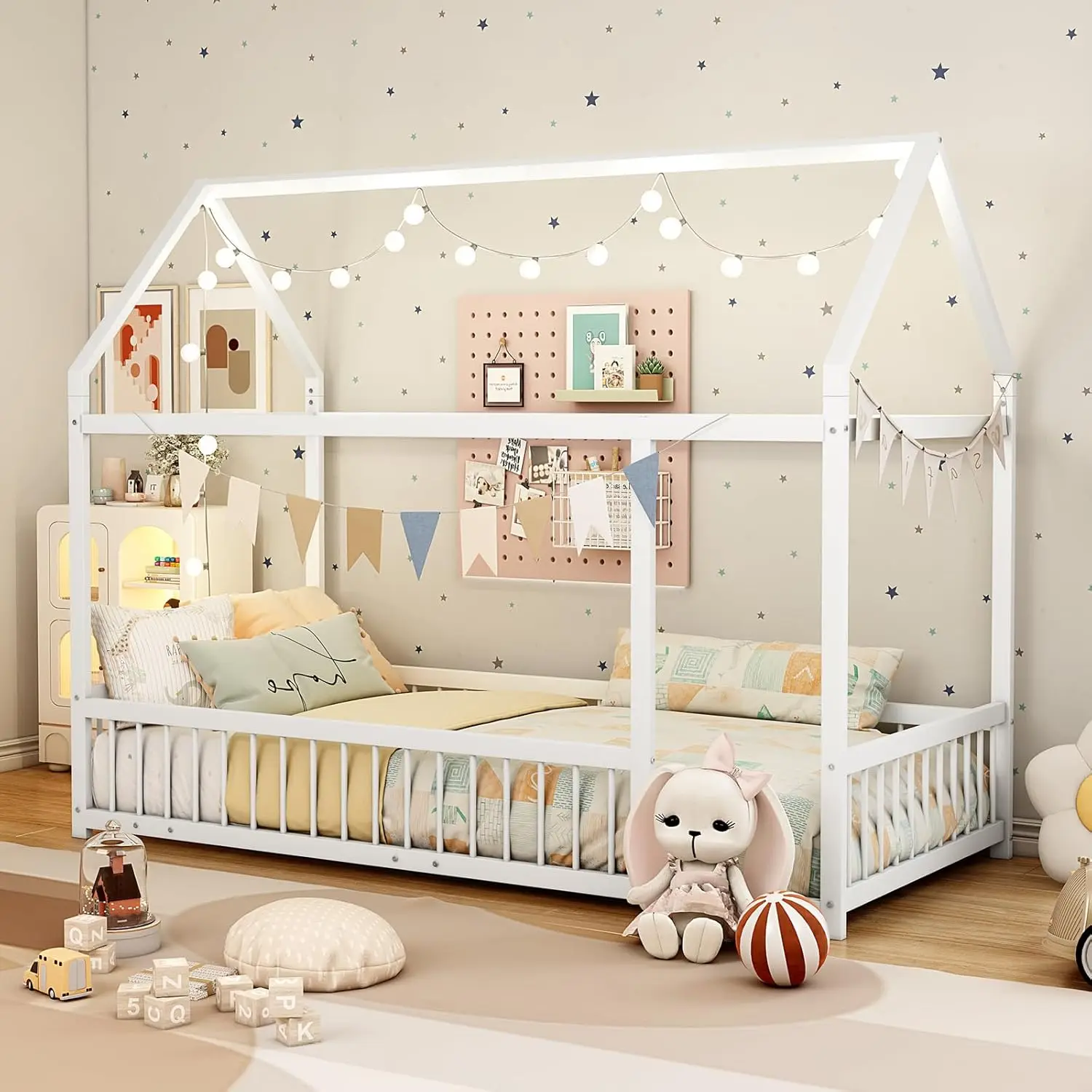 Łóżko dziecięce, 90 x 200 cm, łóżko piętrowe Montessori ze stelażem i baldachimem, z zabezpieczeniem przed wypadnięciem, idealne