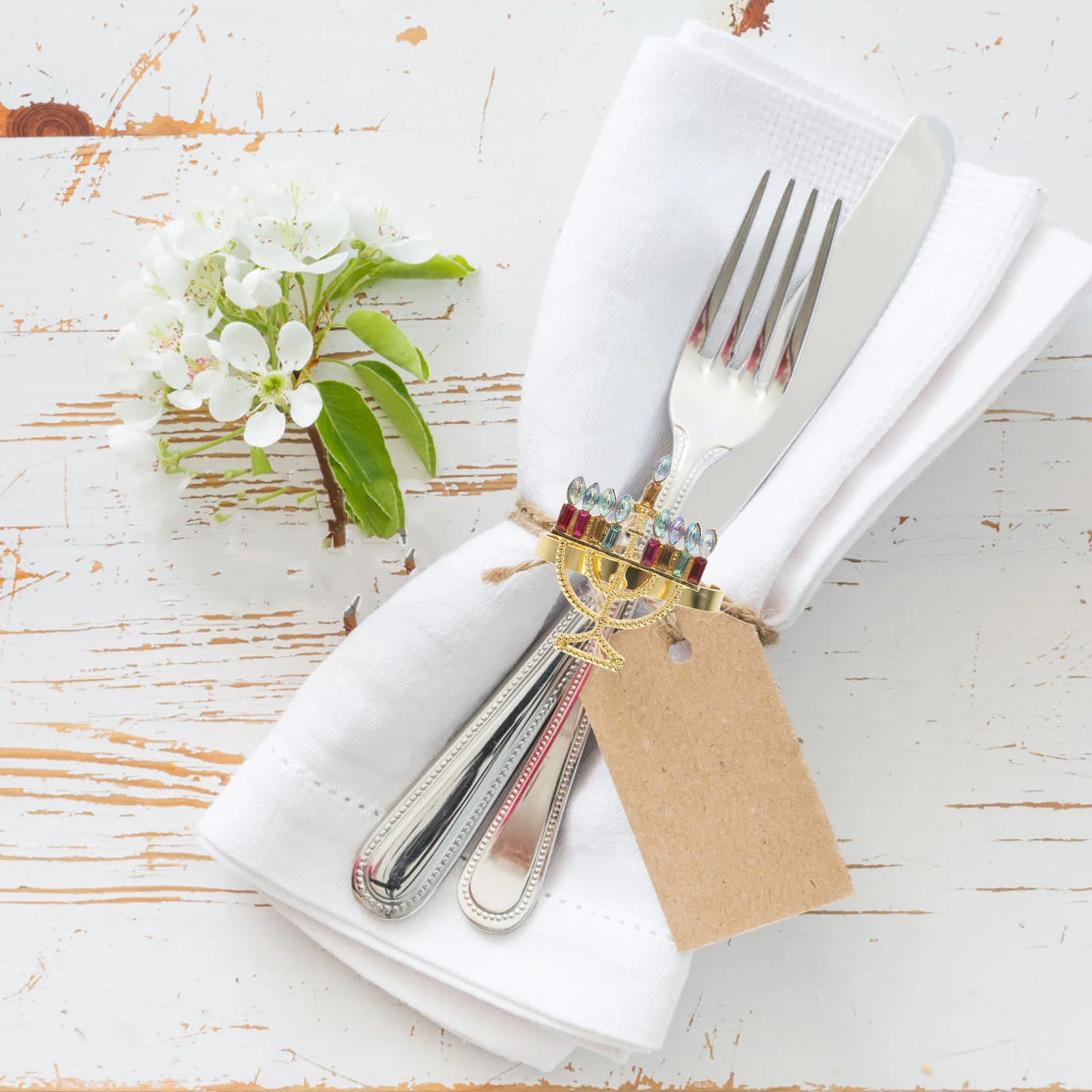 

6Pcs Jewish Holiday Napkin Rings Metal Menorah Design Rhinestone Accents Hanukkah Table Decor Dining Serviette Holders