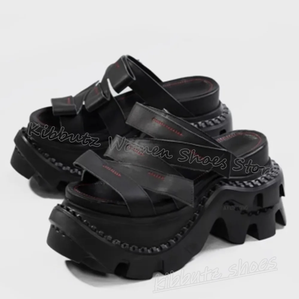 

Round Toe Slipper Sandals Platform Strange Heels Solid Color Slipper Leather Fashion Novelty Elegant Summer Women High Shoes New