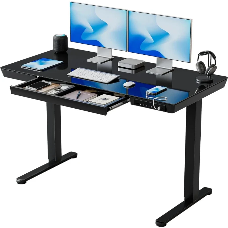 

Desk with Drawers, 48 inch Whole-Piece Glass Desktop, Height Adjustable Stand up Sit Stand Home Office