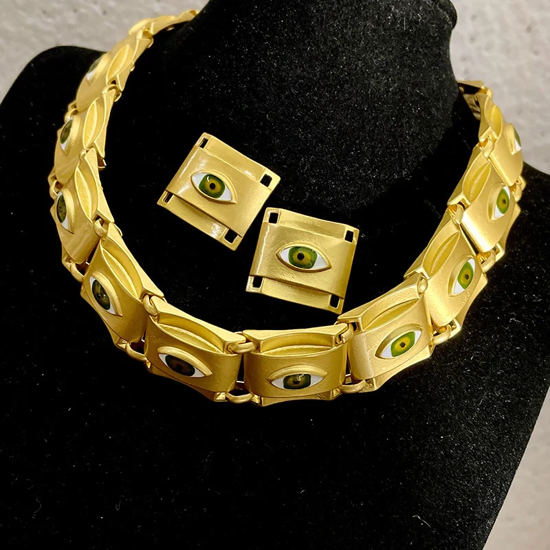 Orecchini a forma di occhio del diavolo quadrato Color oro opaco girocollo per gioielli in metallo Vintage con catena da collo per ragazze da donna