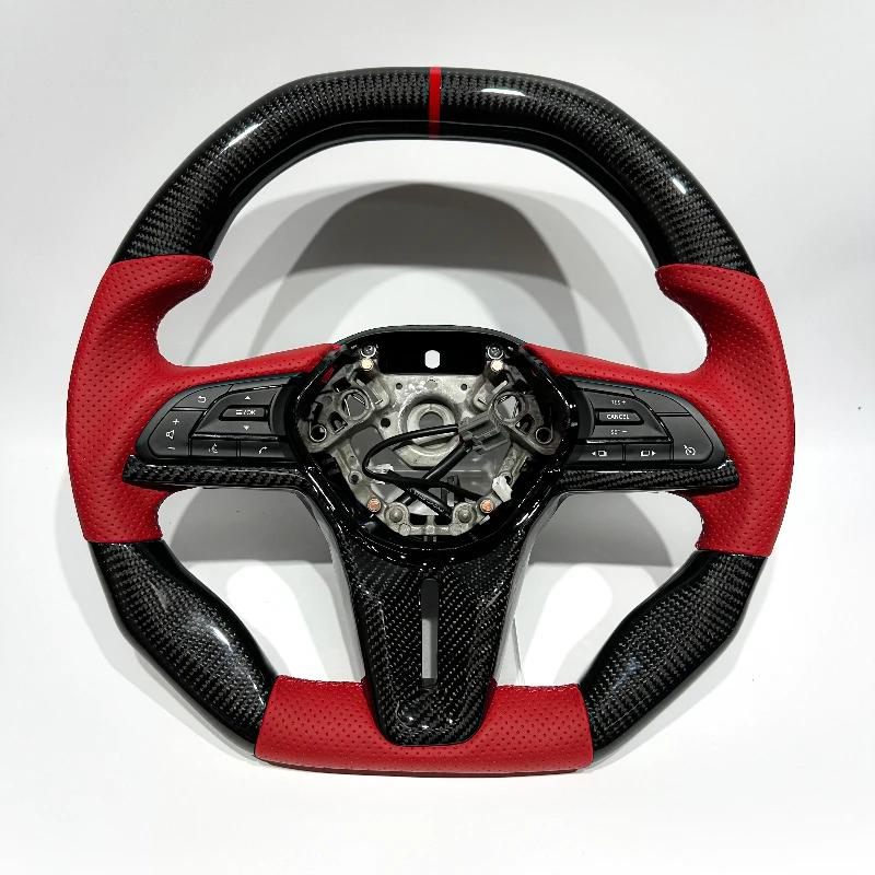 

For GT-R R35 Black Carbon Fiber Steering Wheel with Red Perforated Leather for Nissan GTR R35 Flat Top Flat Bottom Drop Shipping